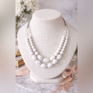 White Marbled Double Strand Necklace Minimal Elegant Beaded Statement Jewelry